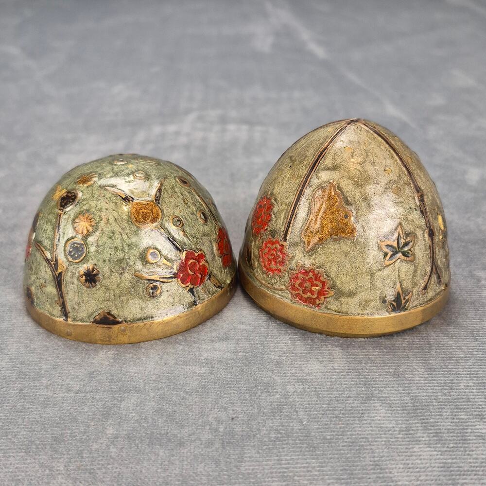 Vintage Brass Floral Handpainted Raised Trinket Box Egg No Stand